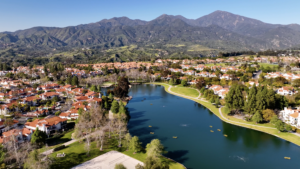 Aerial view of Rancho Santa Margarita Lake Mountain Views and homes for sale